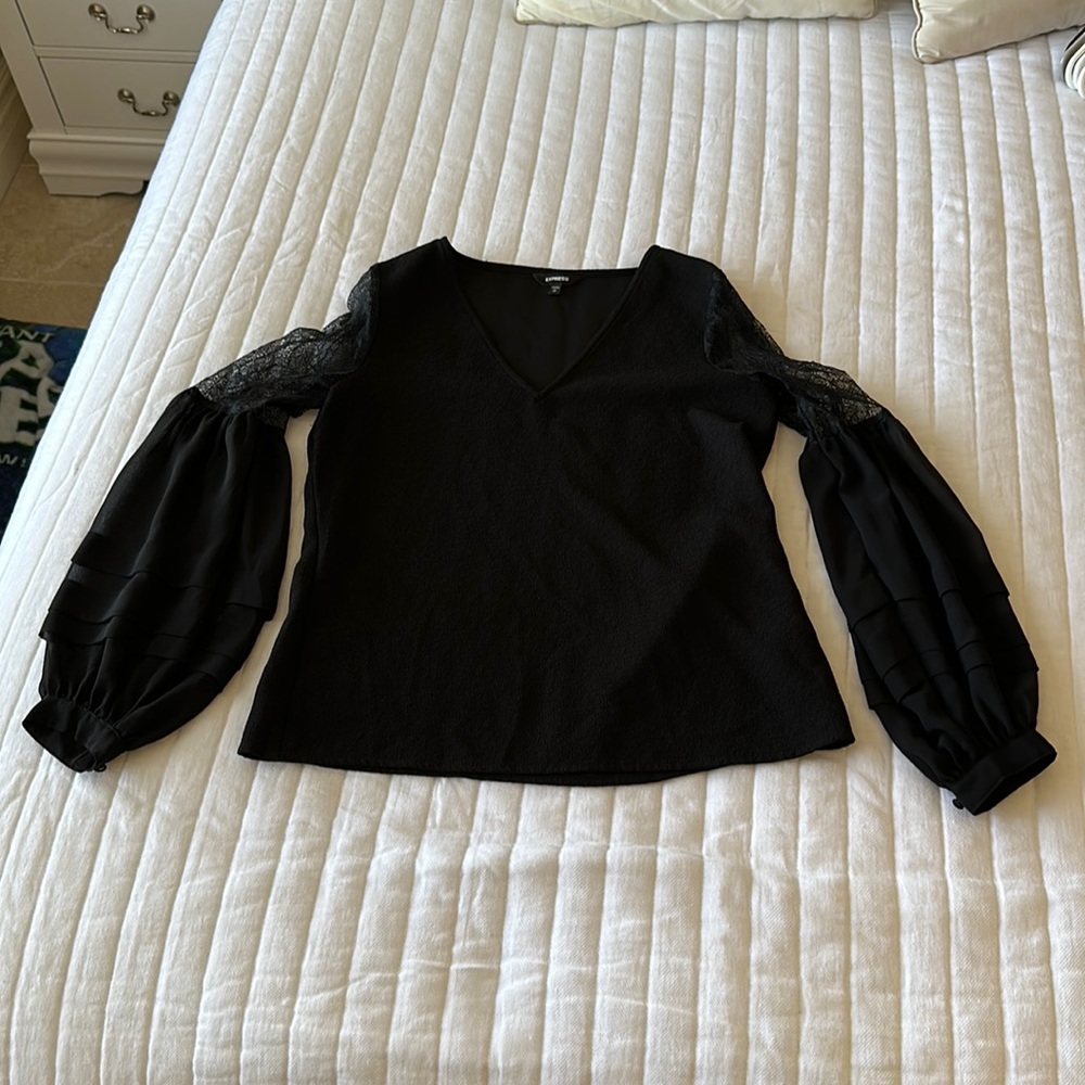 Women’s Express black v-neck blouse size small with lace and bell sleeves